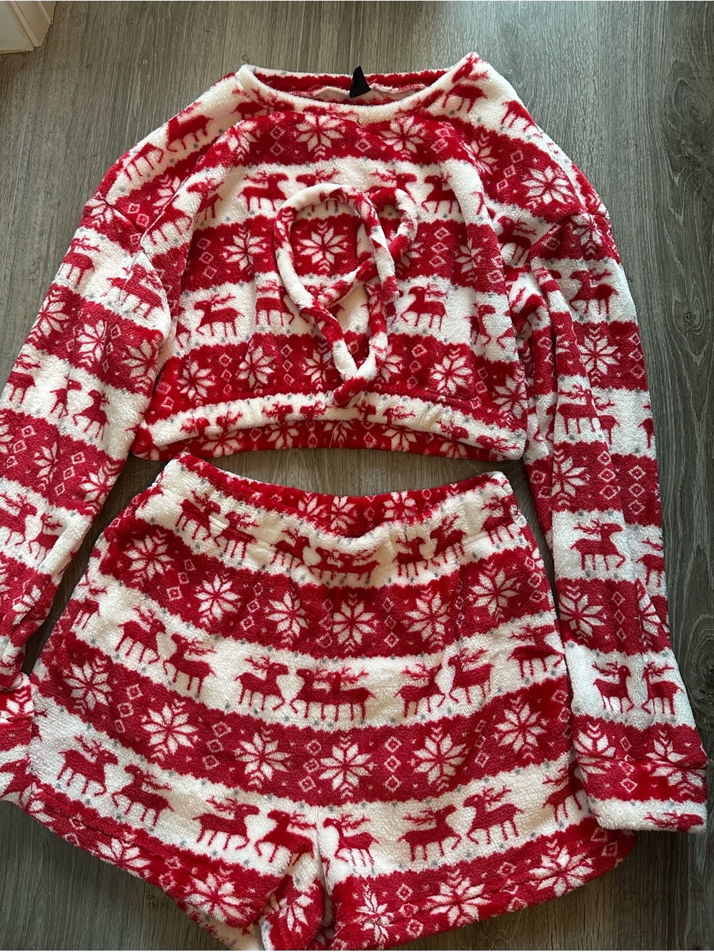 Cozy Red & White Holiday Fleece Crop Top and Shorts Set